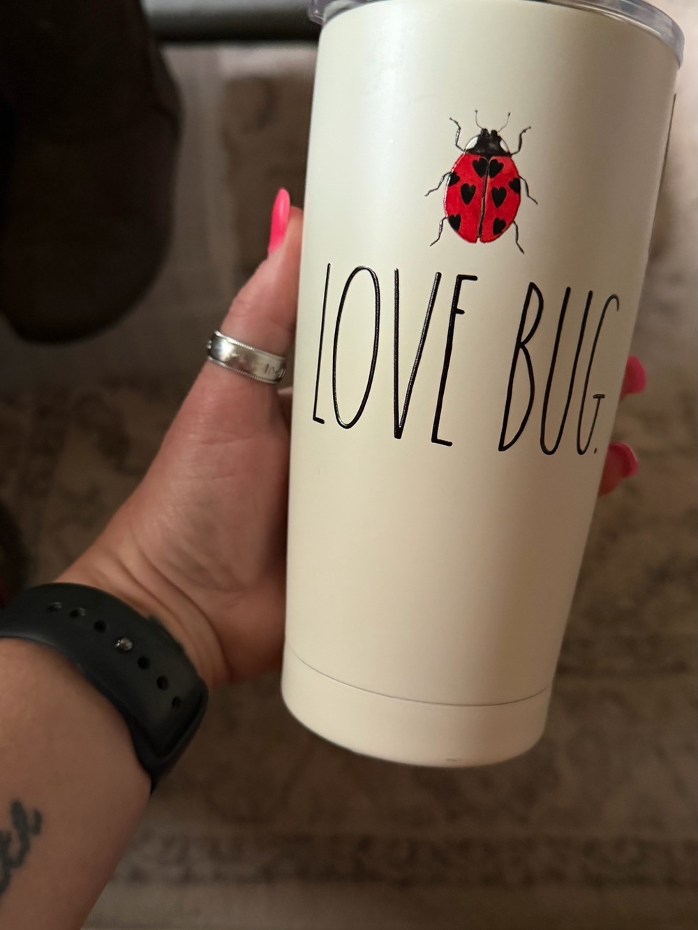 Rae Dunn Cream Tumbler with Red Ladybug "LOVE BUG"